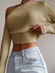 Ribbed Asymmetrical Neck Knit Crop Sweater