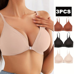 3pcs Seamless Wireless Front Buckle Push Up Bra Women's Lingerie