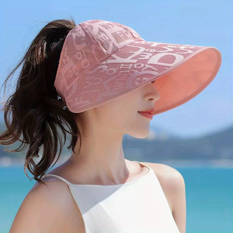 Letter Jacquard Ponytail Visor Hat Wide Brim Sunscreen Cap