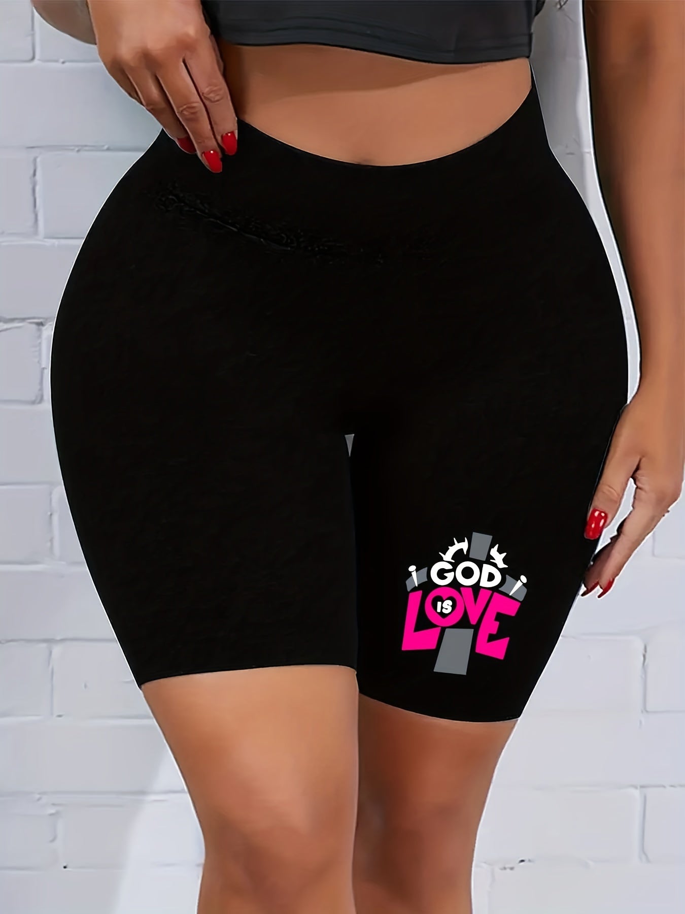  Cross & Letter Print High Rise Biker Shorts