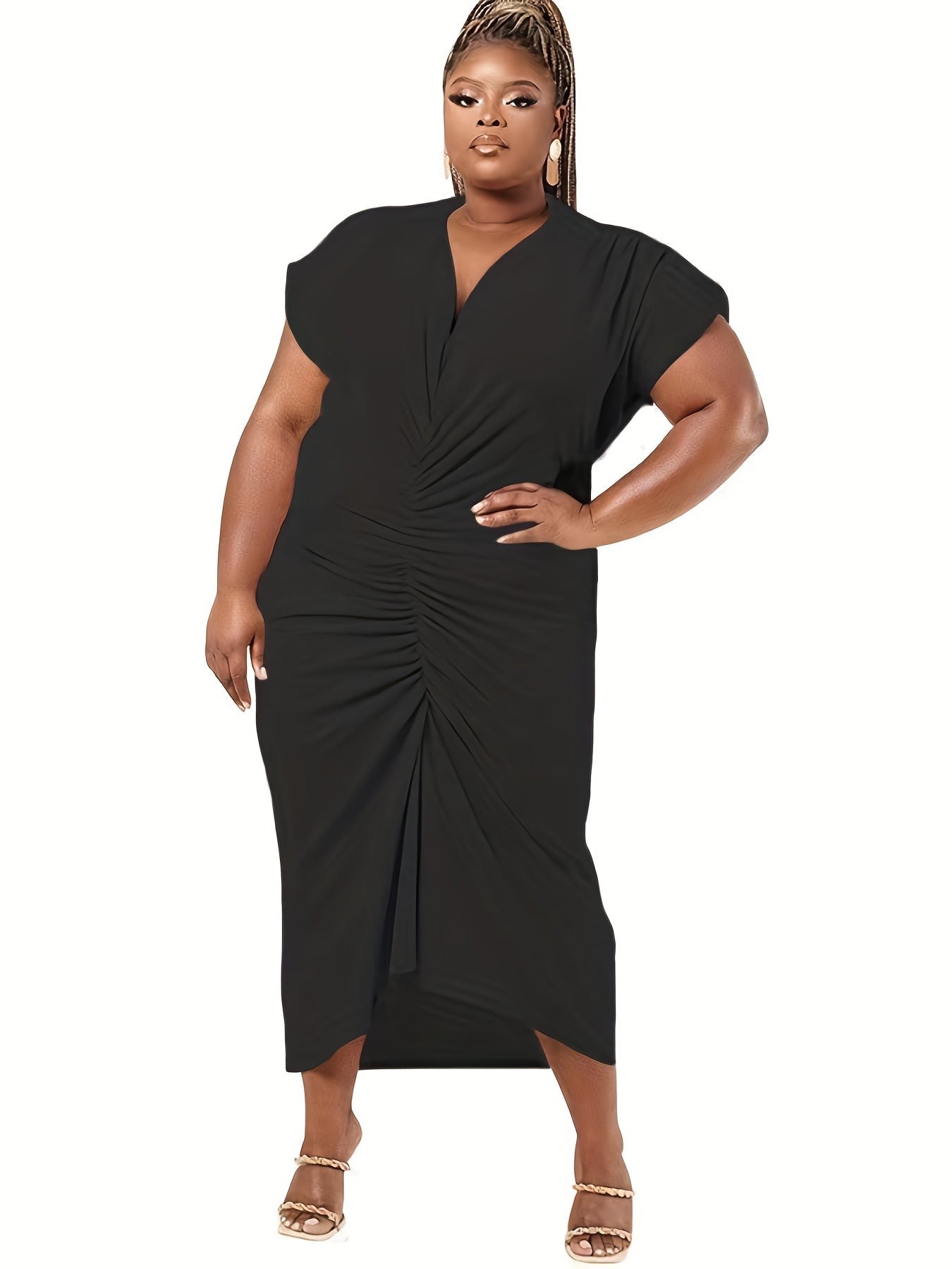  Solid Cap Sleeve V Neck Ruched Maxi Dress