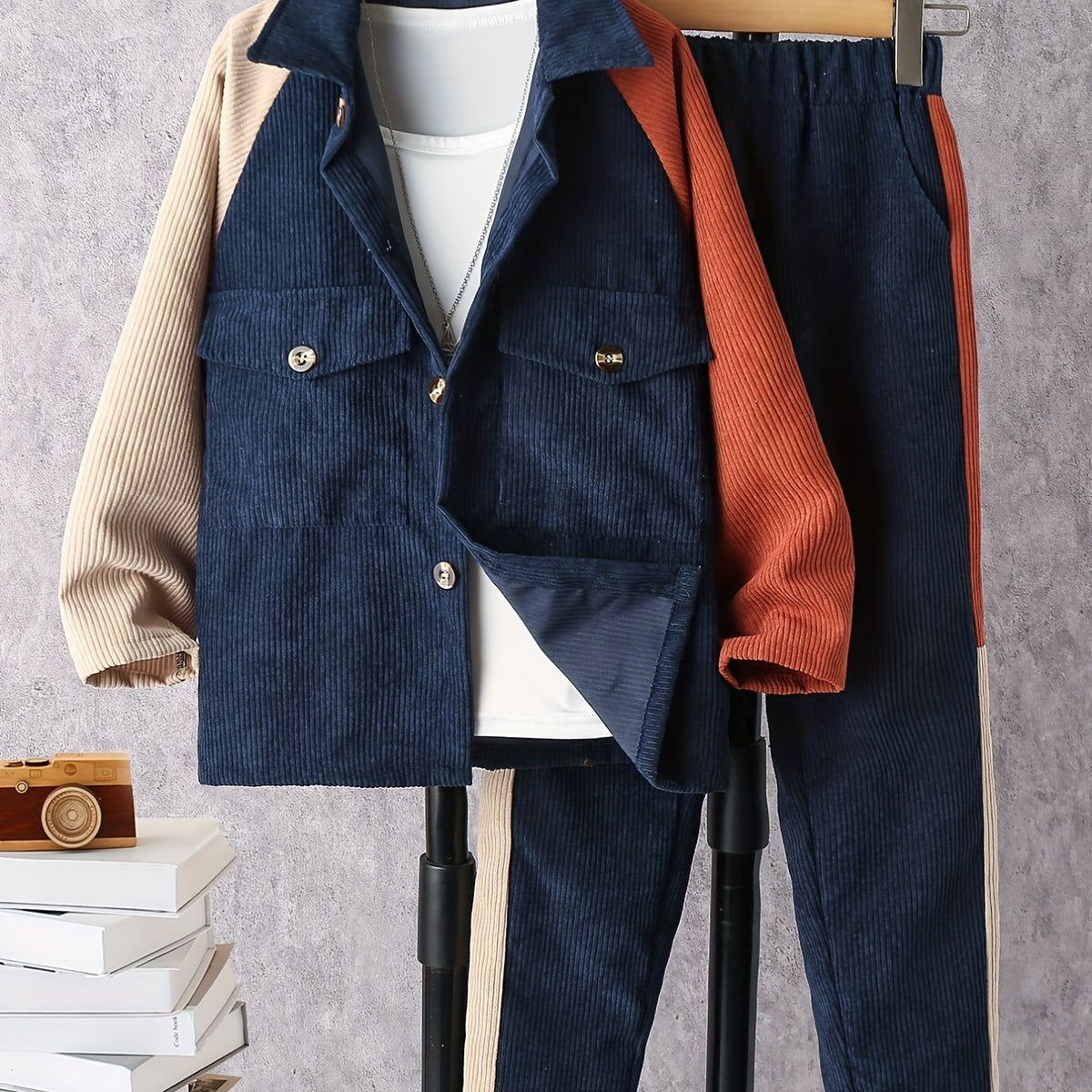 Boy's Clash Corduroy Shirt & Pants Set for Spring Fall