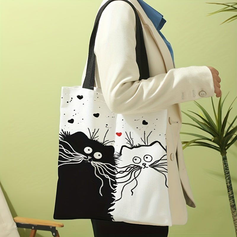 Cat Print Canvas Tote Bag Cartoon Travel Beach Shoulder Bag