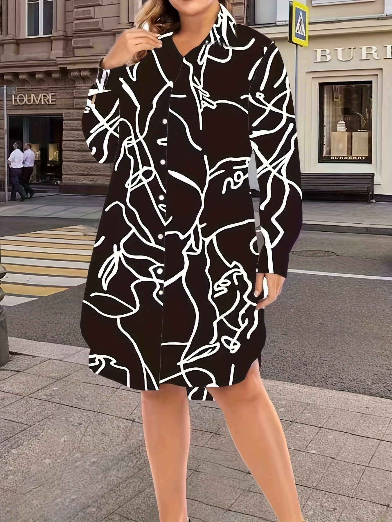 Plus Size Random Print Button Up Long Sleeve Shirt Dress