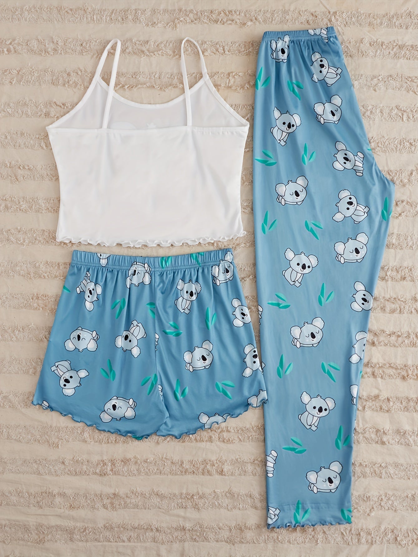 Koala Print Pajama Set Crew Neck Cami Top & Shorts & Pants
