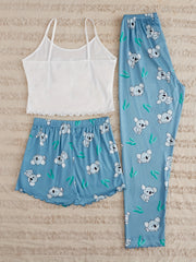 Koala Print Pajama Set Crew Neck Cami Top & Shorts & Pants