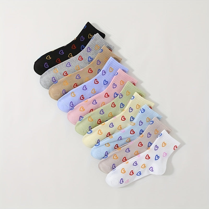 10 Pairs Heart Print Socks Women's Mid Tube Stockings