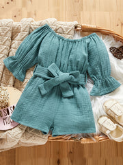 Toddler Off Shoulder Long Sleeve Romper with Wide Leg Pants
