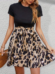 Leopard Print Short Sleeve Dress Crew Neck Belted Casual Dress