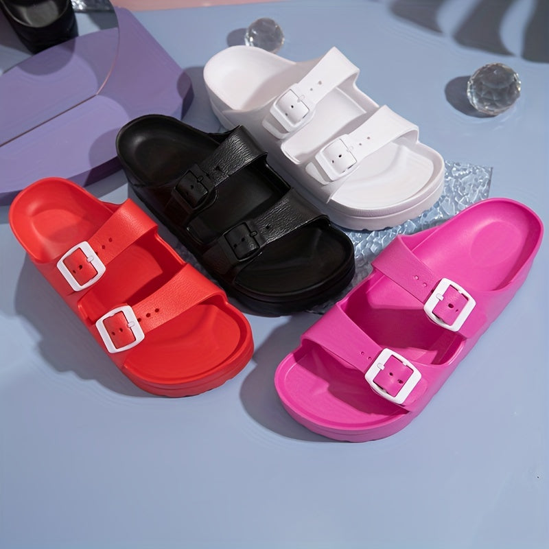 Women's Platform Footbed Sandals Double Buckle Slides Thick Bottom Slippers