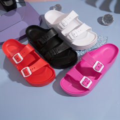 Women's Platform Footbed Sandals Double Buckle Slides Thick Bottom Slippers