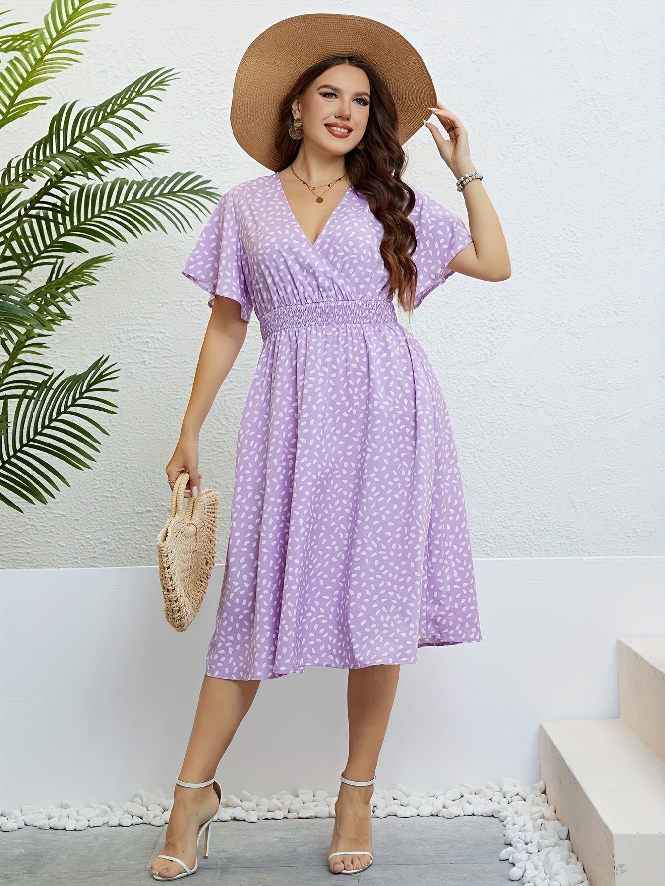  Dot Print Surplice Neck Ruffle Sleeve Nipped Waist Pleated Dress