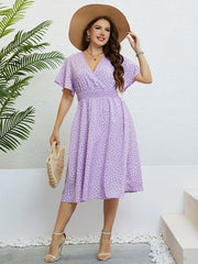  Dot Print Surplice Neck Ruffle Sleeve Nipped Waist Pleated Dress