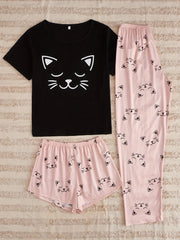 Cat Print Pajamas Set Short Sleeve Crew Neck Top & Shorts & Pants
