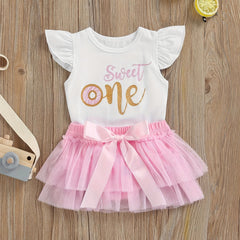 2pcs Baby Girls Fly Sleeve Onesie & Mesh Skirt Set