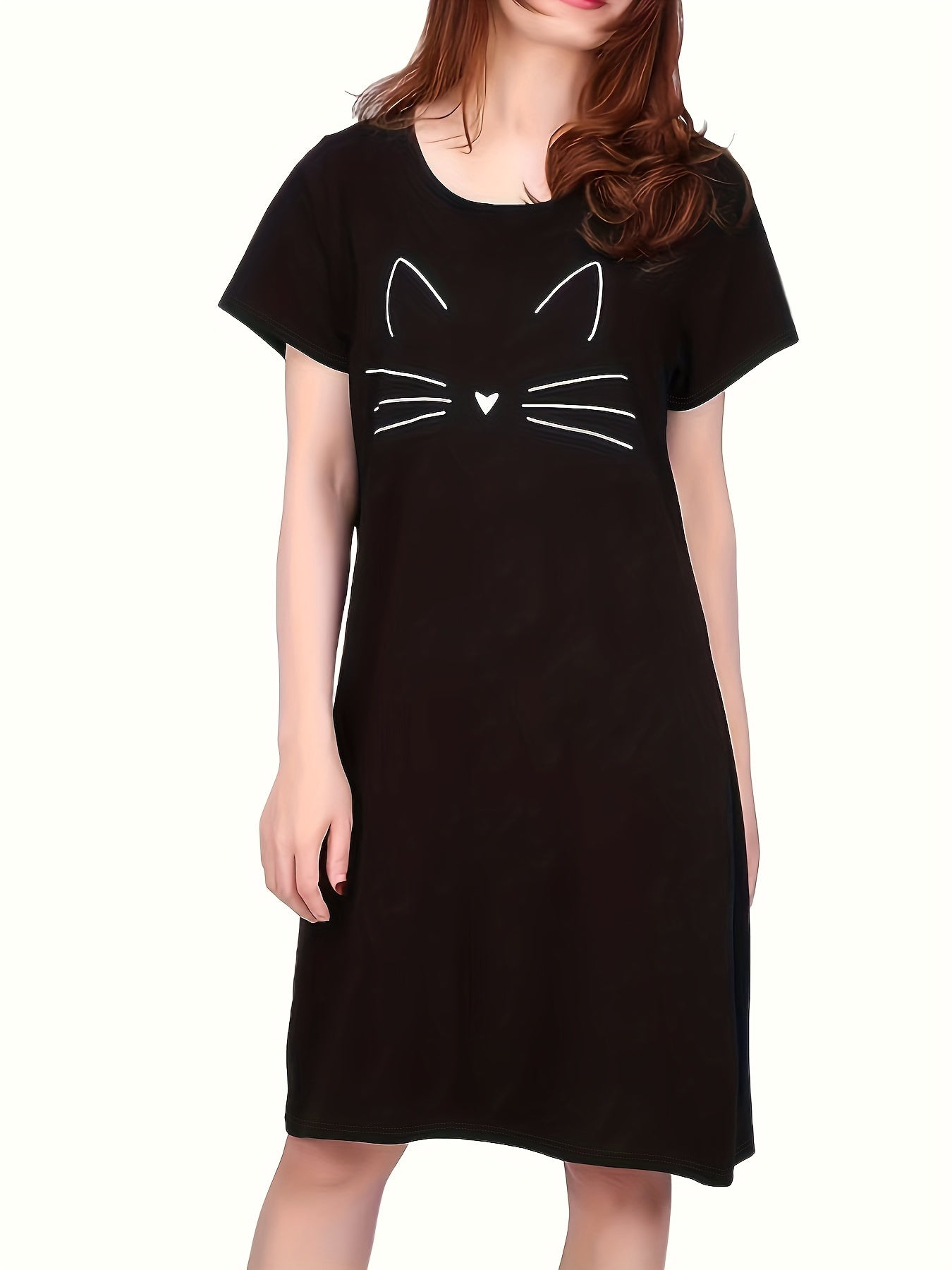 Kitty Print NightDress Short Sleeve Crew Neck Sleepwear Pajama Dress
