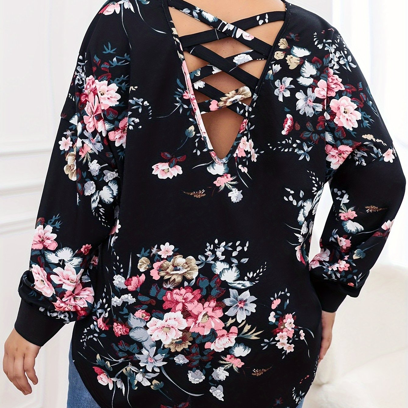 Women's Plus Size Floral Print Long Sleeve V Neck Tunic Top