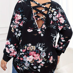 Women's Plus Size Floral Print Long Sleeve V Neck Tunic Top