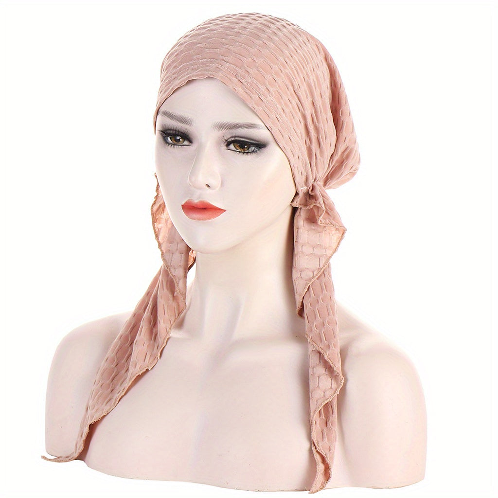 Solid Embossed Turban Cap Elastic Headscarf Women Ramadan Hijab Bandana