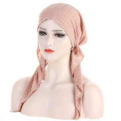Solid Embossed Turban Cap Elastic Headscarf Women Ramadan Hijab Bandana