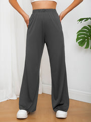  Solid Elastic High Rise Loose Fit Trousers