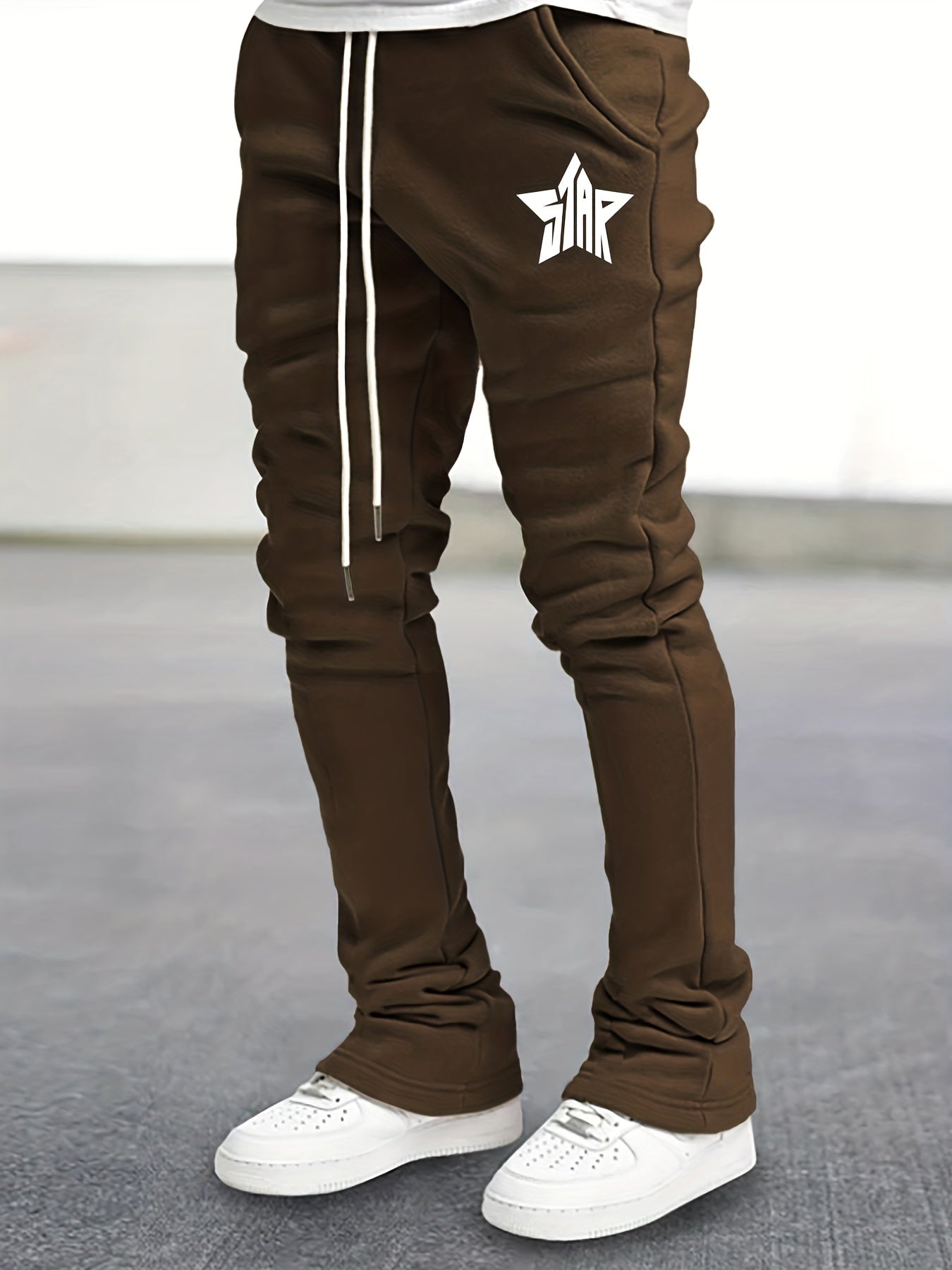 Star Pattern Comfy Flared Trousers Men's Casual Stretch Waist Drawstring Joggers