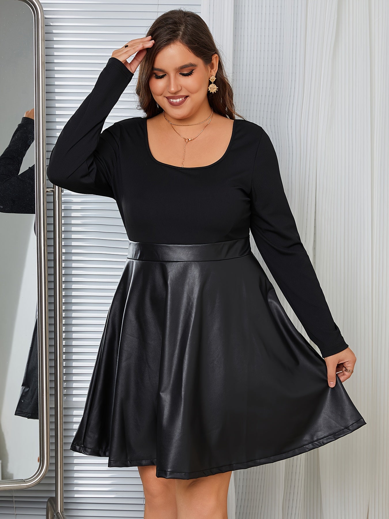  Solid Faux Leather Long Sleeve A line Dress