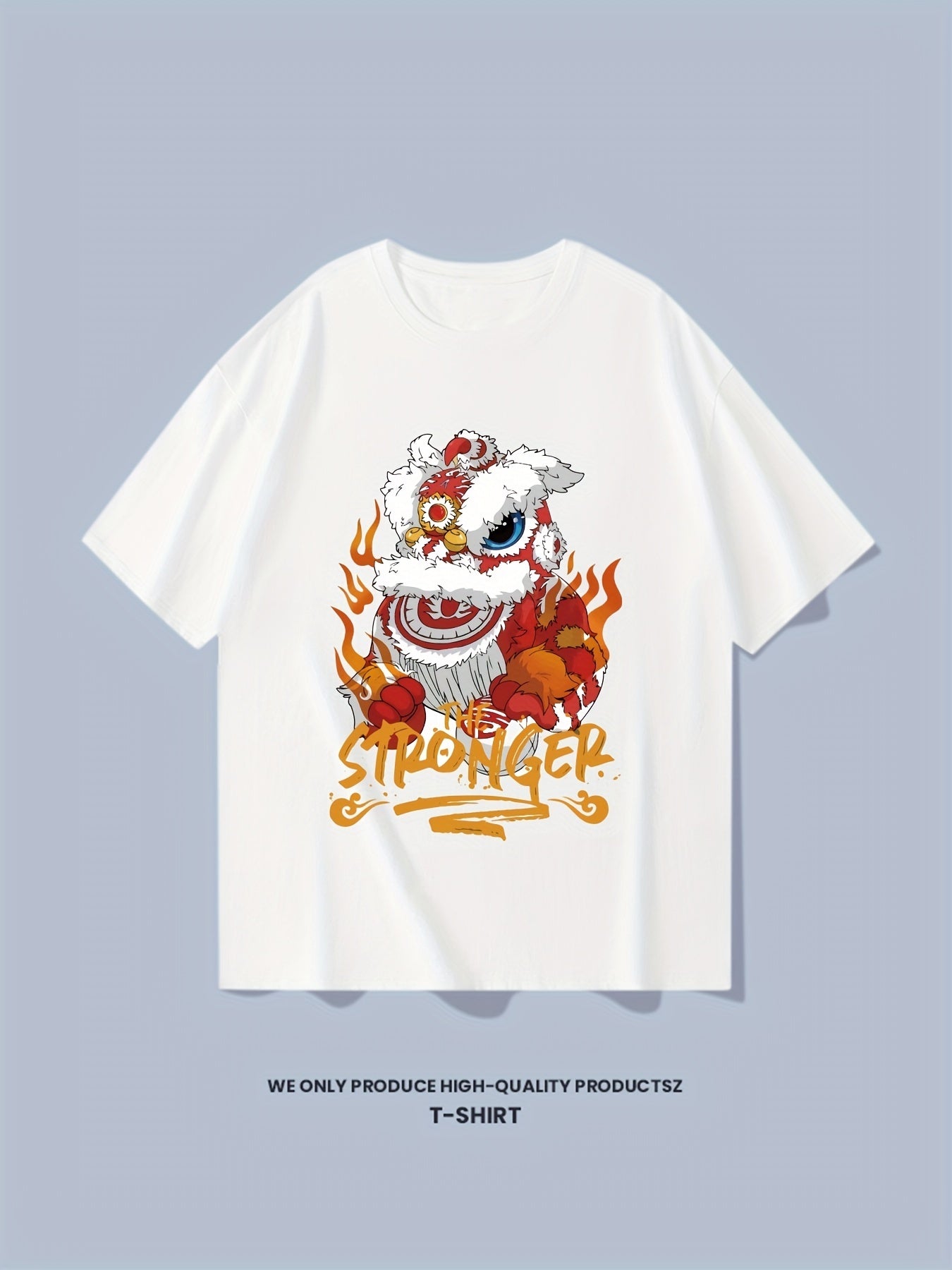 Cotton Stronger & Lion Dance Print Men's Graphic Crew Neck T-shirt
