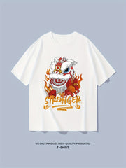 Cotton Stronger & Lion Dance Print Men's Graphic Crew Neck T-shirt