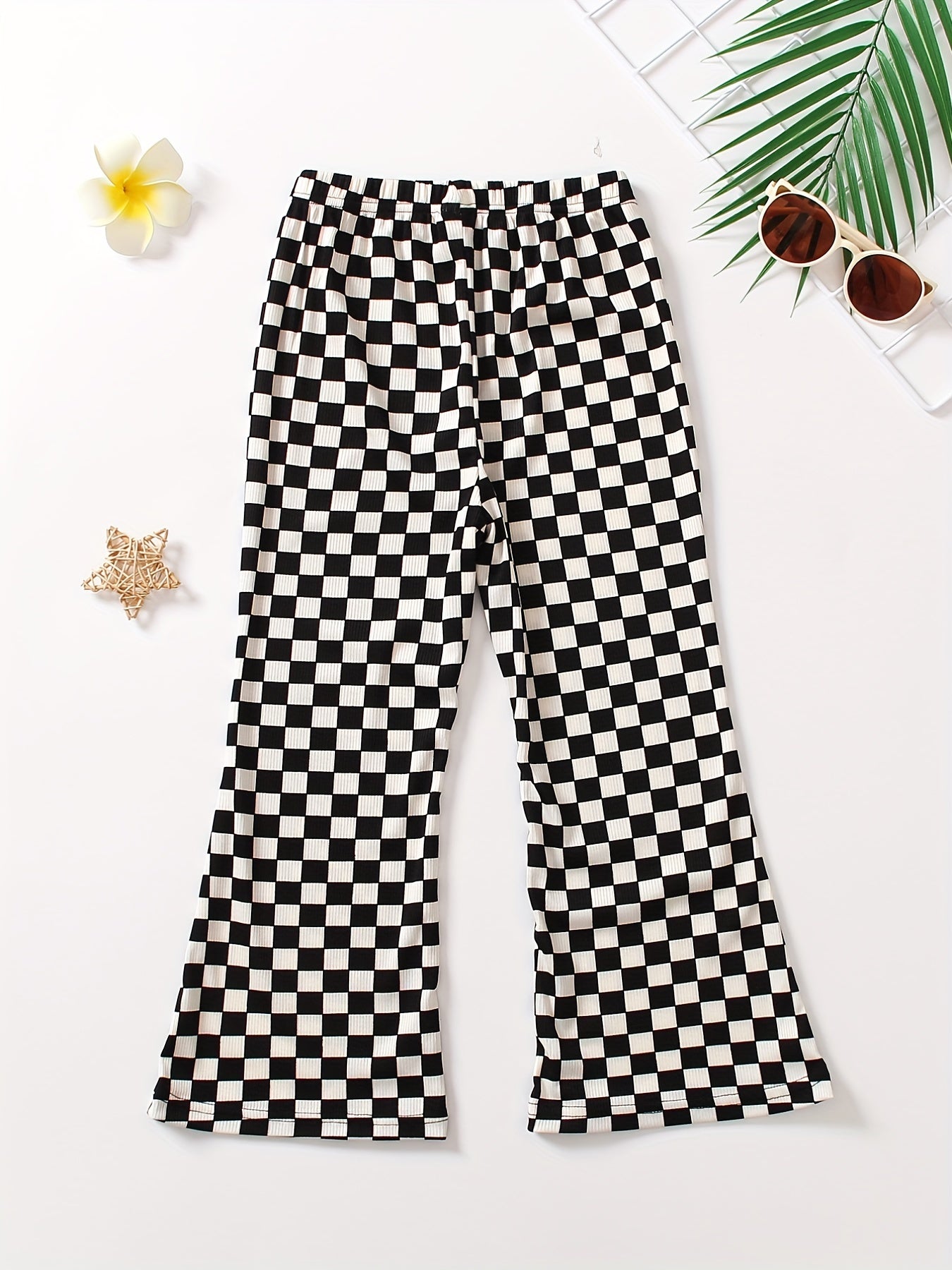 Girls Checkerboard Print Flare Leg Pants High Elastic Waist Long Trousers