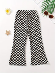 Girls Checkerboard Print Flare Leg Pants High Elastic Waist Long Trousers