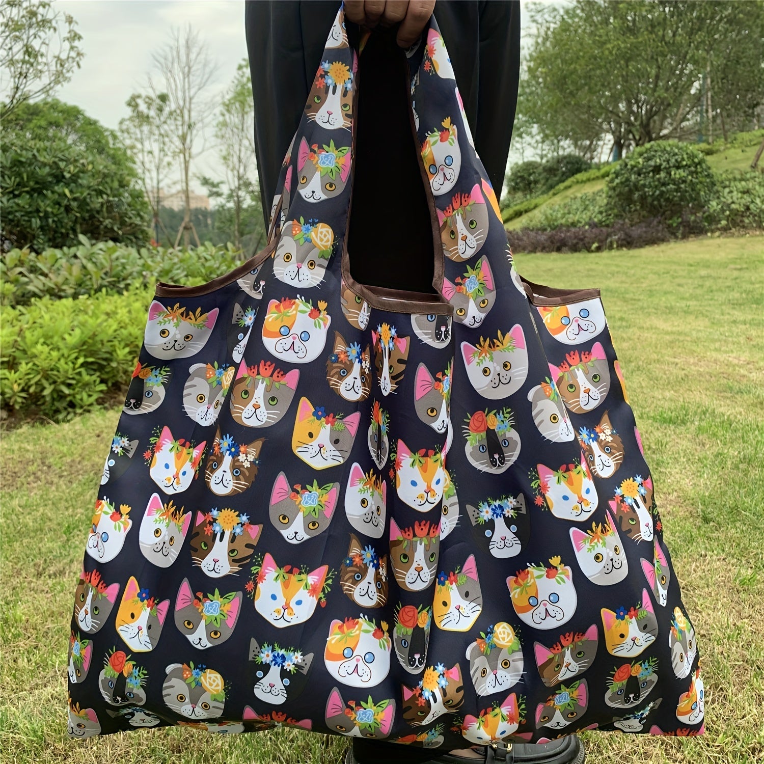 Cartoon Cat Pattern Foldable Tote Bag Large Capacity Portable Shoulder Bag