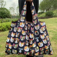 Cartoon Cat Pattern Foldable Tote Bag Large Capacity Portable Shoulder Bag