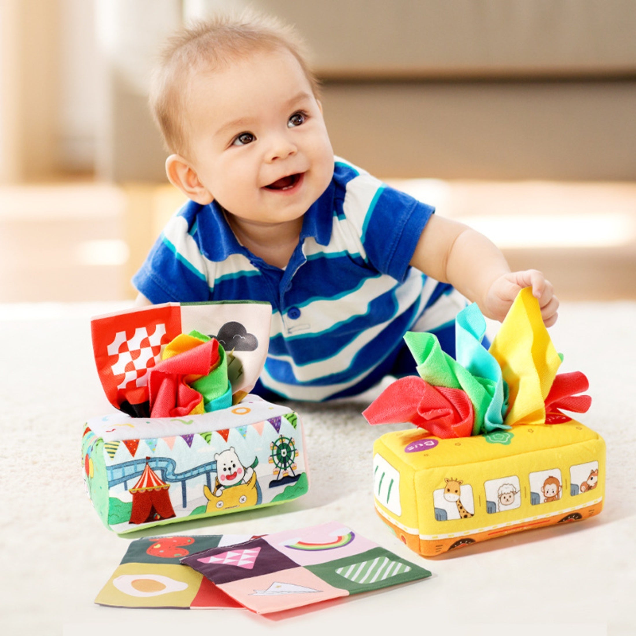 Baby Tissue Box Crinkle Sensory Toys & Rainbow Scarves Set