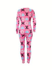 Heart Print Lounge Jumpsuit Long Sleeve V Neck Buttons Romper Women's Loungewear
