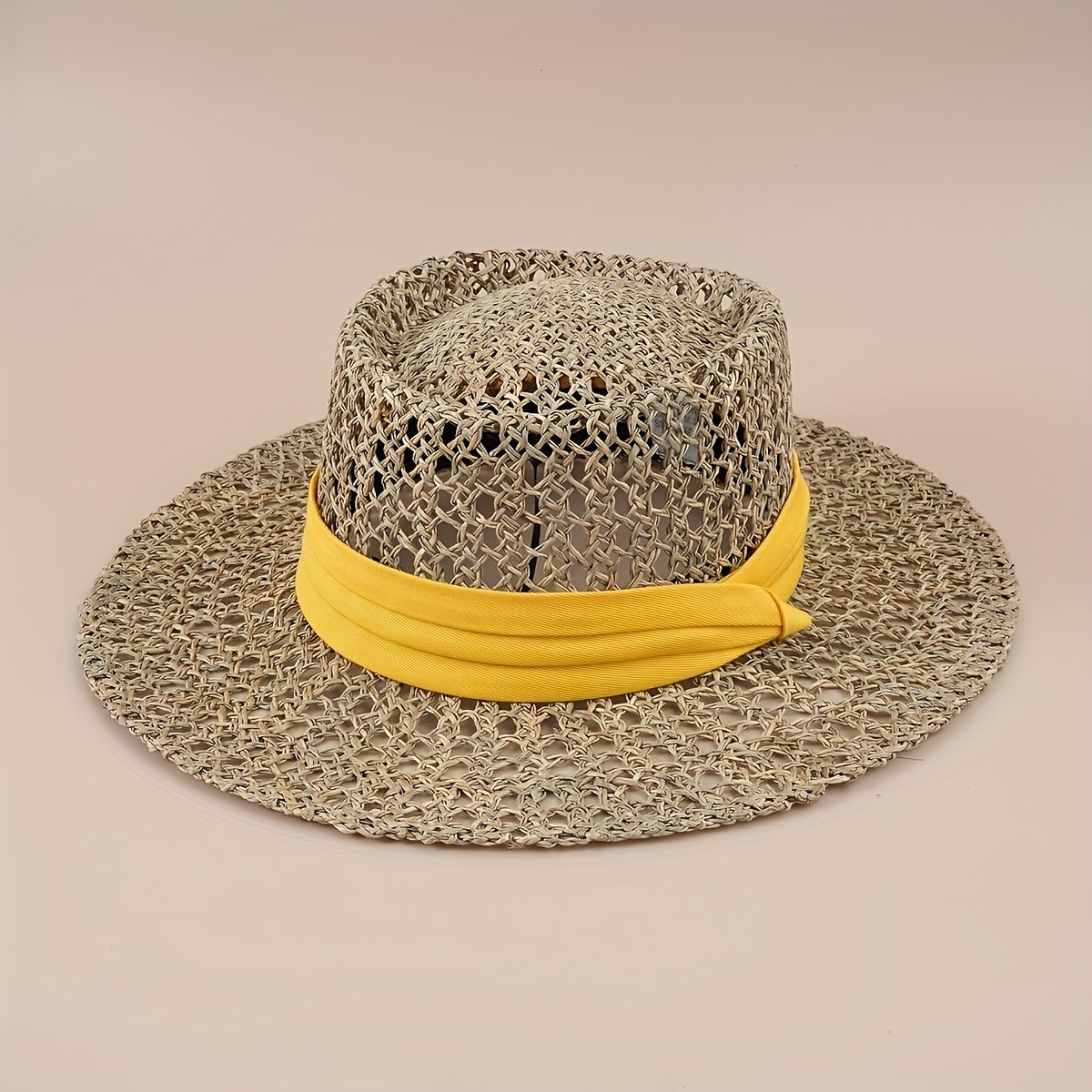 Flat Top Summer Sun Hat Hollow Straw Hat British Jazz Fedora Cap
