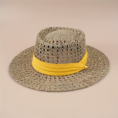 Flat Top Summer Sun Hat Hollow Straw Hat British Jazz Fedora Cap
