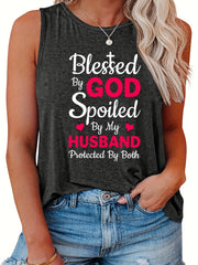  Heart & Letter Print Tank Top Round Neck