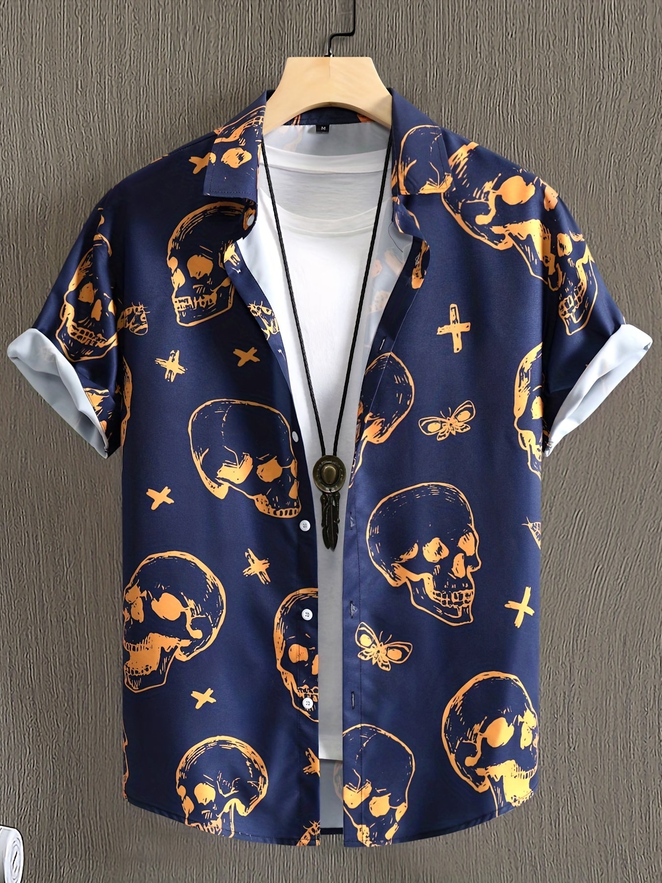 Navy Orange Skull Vintage Style Summer Shirt Men Short Sleeve Casual Blouse