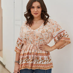  Boho Blouse Women's Floral Print V Neck Peplum Top