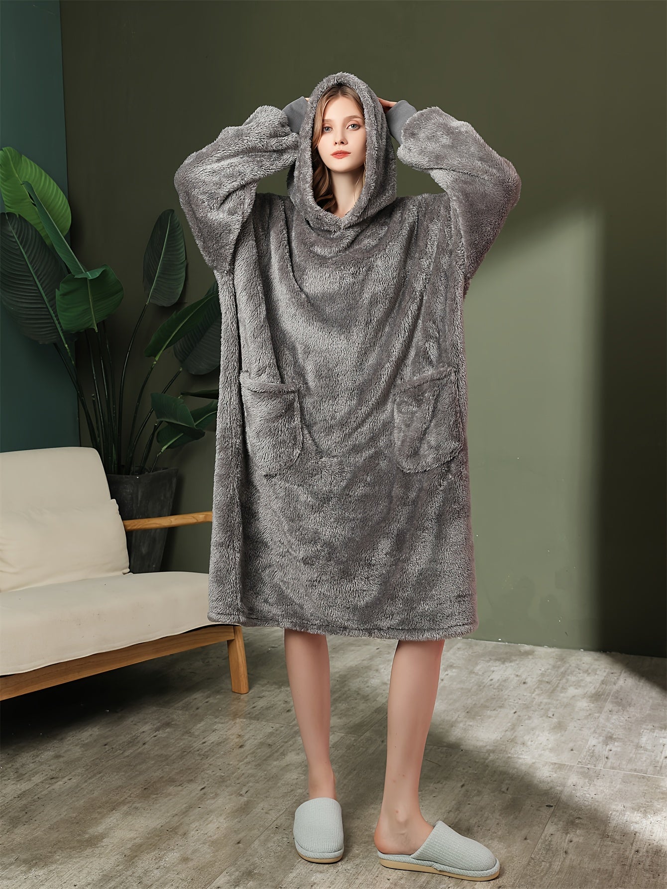 Cozy Hooded Night Robe with Pockets for Women