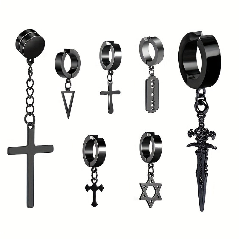 Men's Steel Jewelry Set Cross Ear Clip Fishbone Earrings