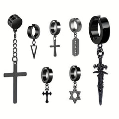 Men's Steel Jewelry Set Cross Ear Clip Fishbone Earrings