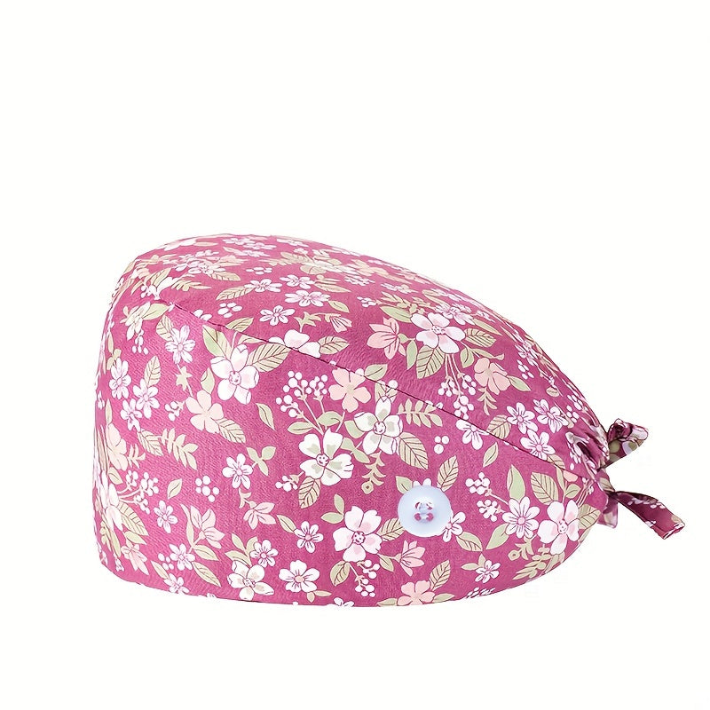 Floral Leopard Print Nurse Hat Elastic Lace Up Cap