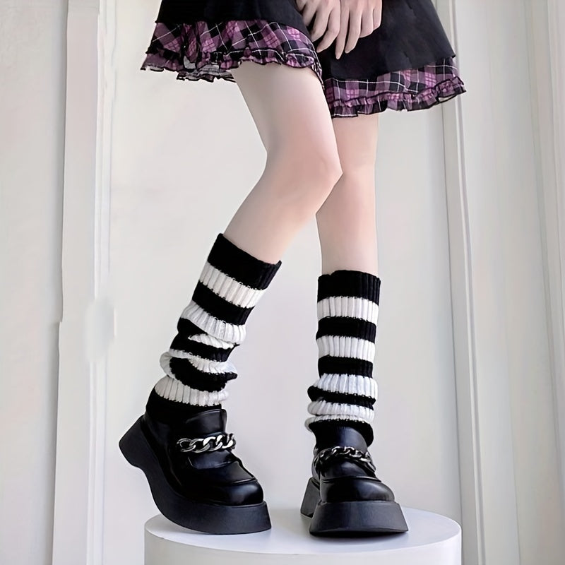 Striped Leg Warmers Gothic Punk Style Rib Knit Knee High Leg Warmers