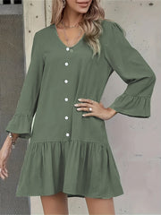  Solid Button Decor V Neck Midi Dress