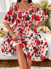  Floral Print Bow Knot Cold Shoulder Smock Dress