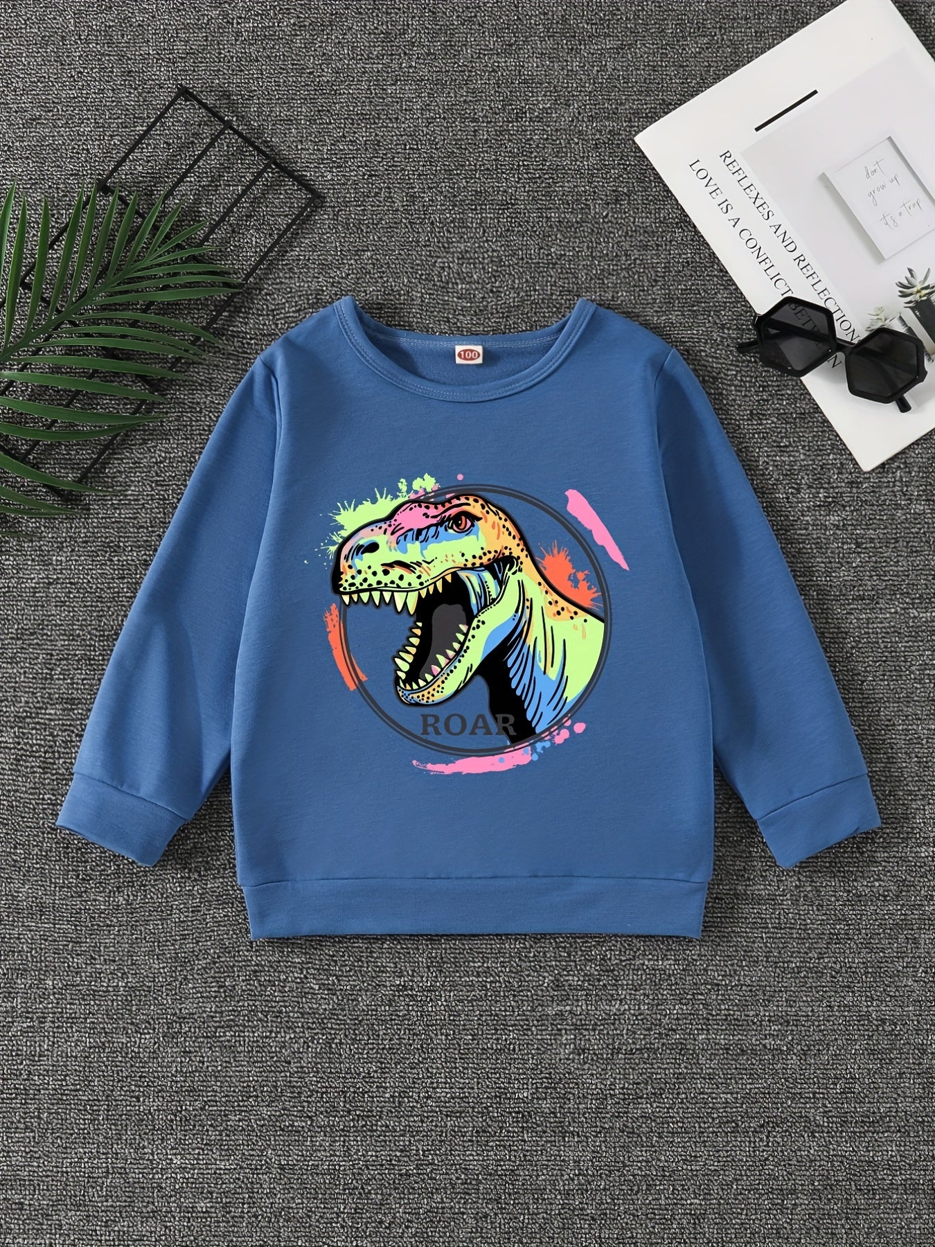 Dinosaur Print Boys Casual Pullover Sweatshirt Long Sleeve Crew Neck Tops