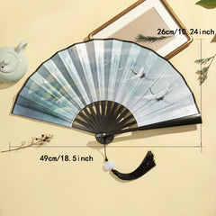 Chinoiserie Style Silk Fan Tassel Ink Painting Ancient Student Folding Fan