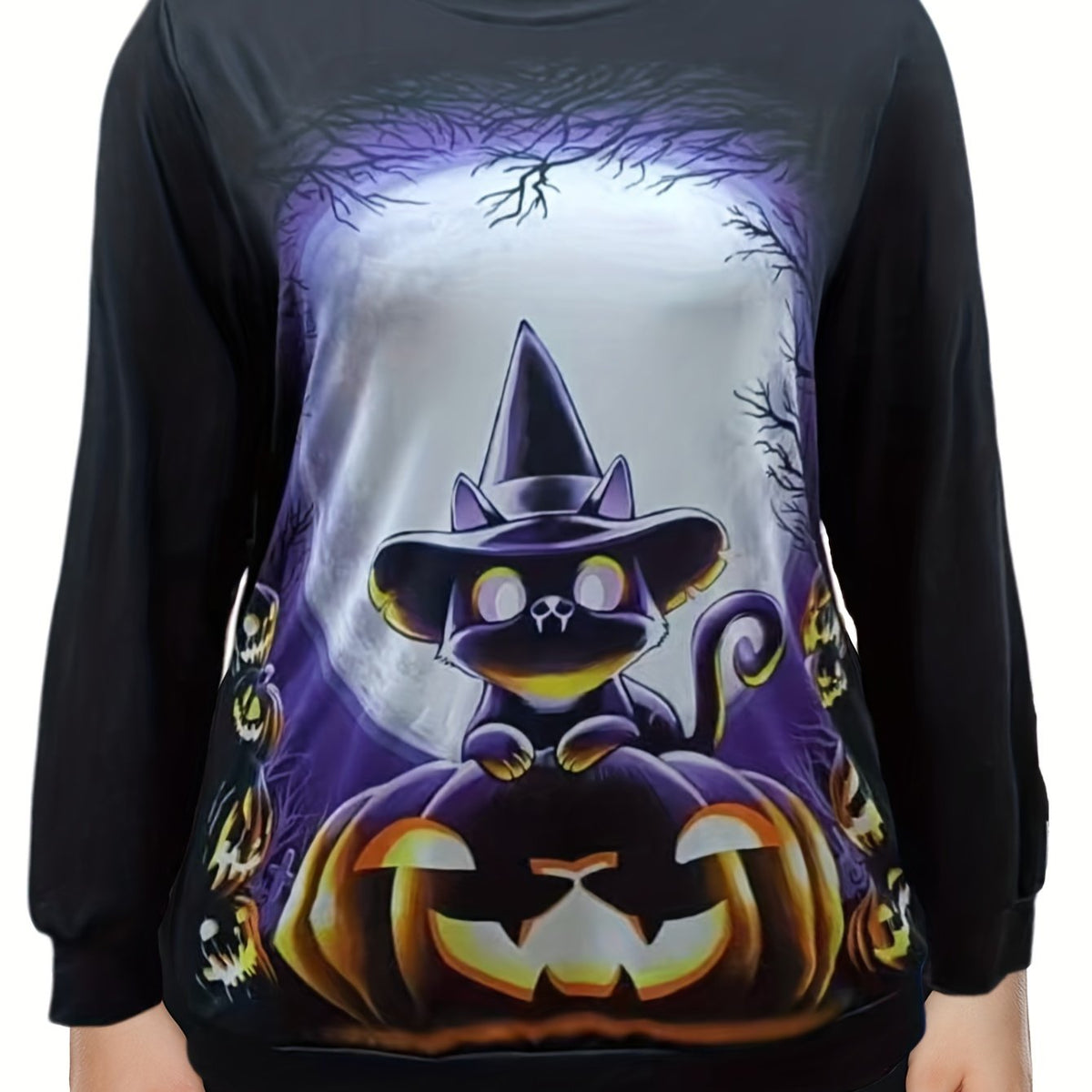  Halloween Sports Top Women's Plus Cat & Pumpkin Print Long Sleeve
